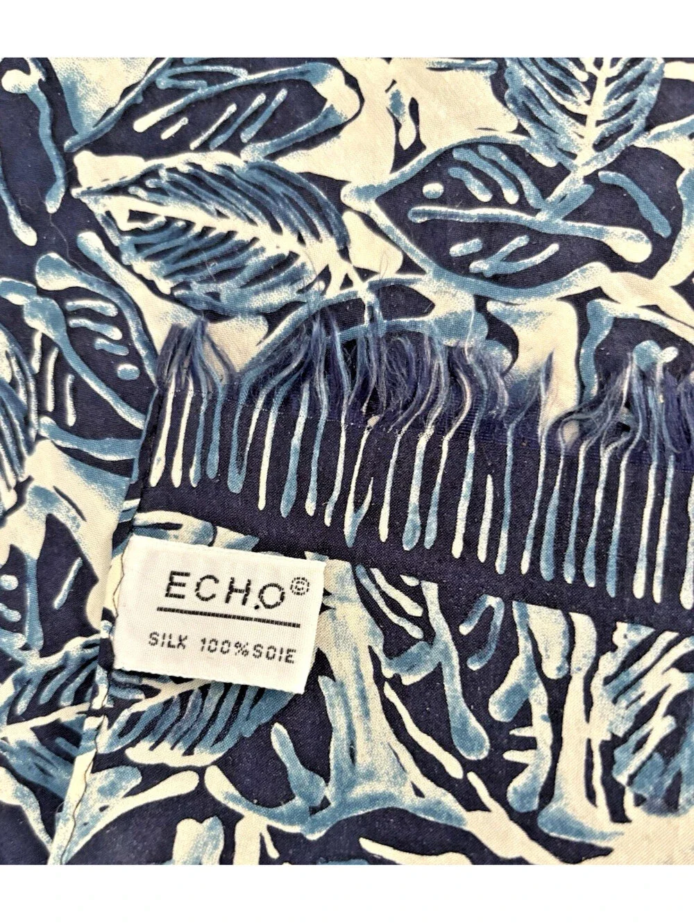 Vintage 1990's Echo Silk Scarf Blue Leaf Fringe Hand Rolled 10.5
